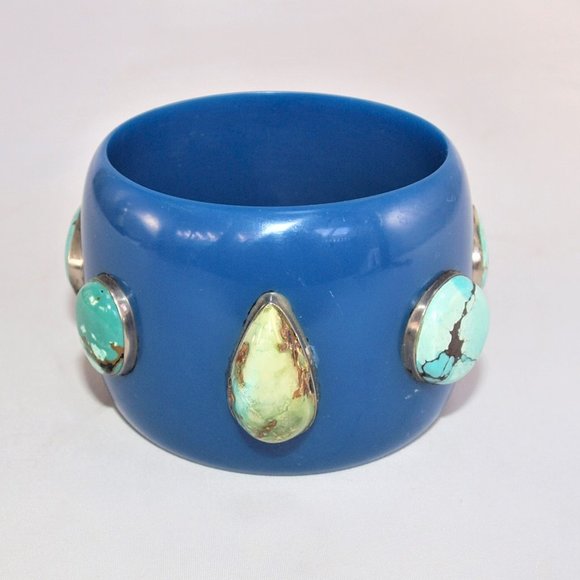 X-Wide Vintage Blue Acrylic Bangle with Genuine Turquoise Stones - Picture 2 of 4